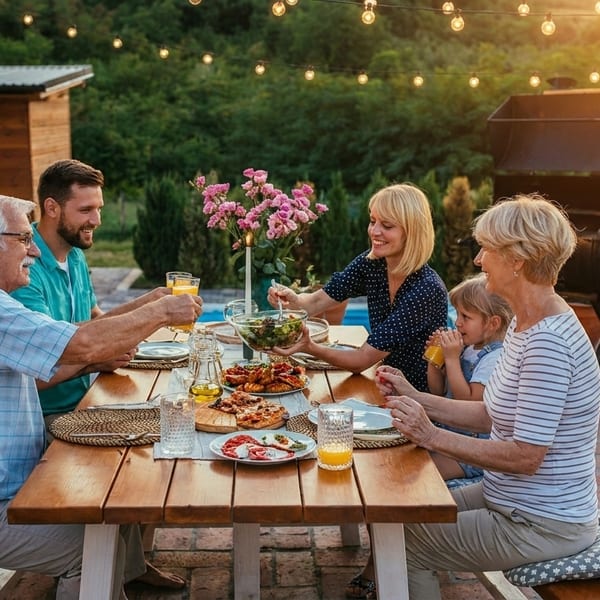 Family of five enjoying an outdoor dinner on a patio with string lights overhead.