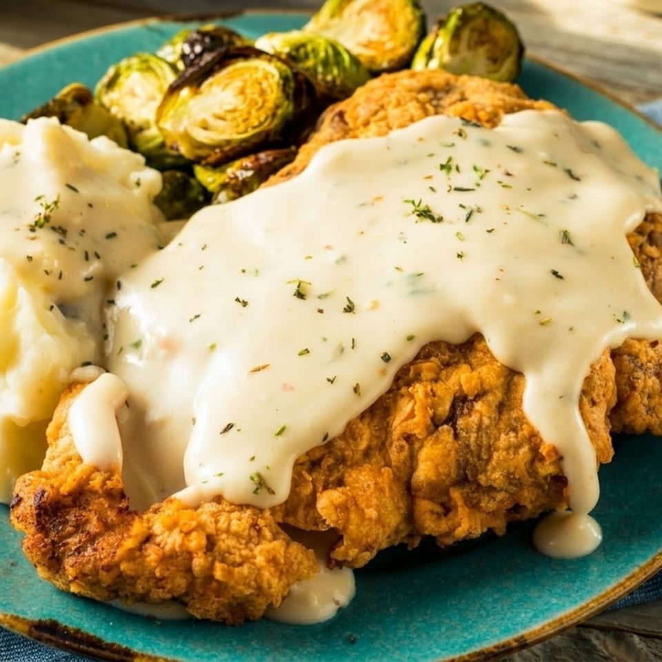 Chicken fried steak with gravy, mashed potatoes, and roasted Brussels sprouts on a blue plate.
