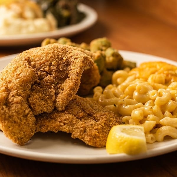 Fried fish, hush puppies, macaroni and cheese, and vegetables on a white plate.