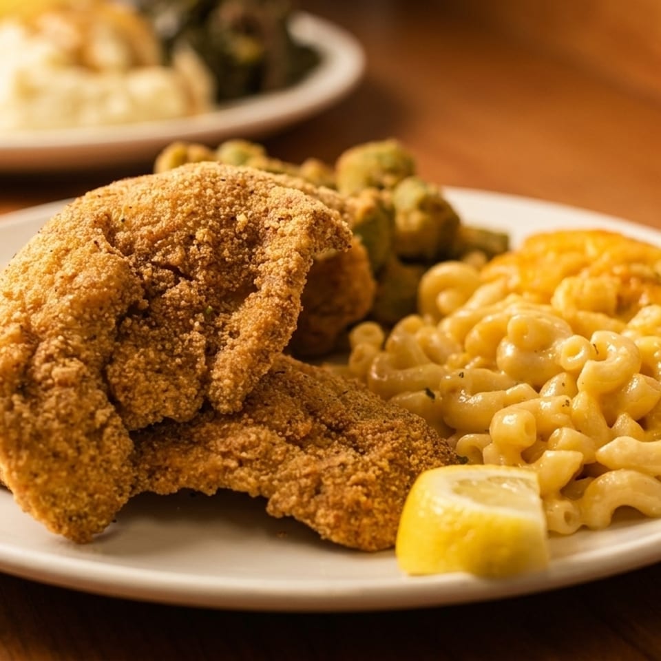 Fried fish, hush puppies, macaroni and cheese, and vegetables on a white plate.