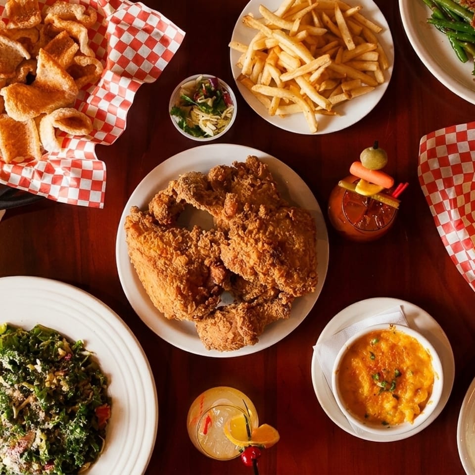 An overhead shot of a feast of fried chicken, cornbread, biscuits, and other Southern dishes.